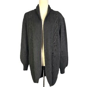 Vintage 80s Sweater Womens OS Black Rabbit Angora Hair Cardigan Beaded